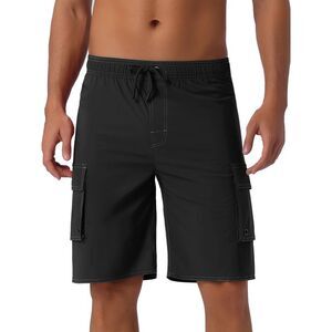Drawstring Waist Solid Color Side Pockets Lining Summer Board Shorts Black